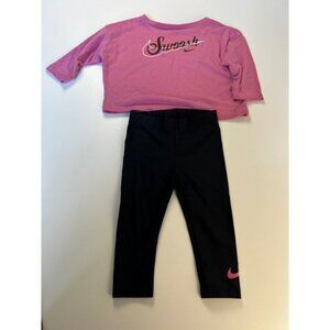 Nike Toddler Girl 12M Pink Swoosh Top & Black Leggings Outfit Set Cute